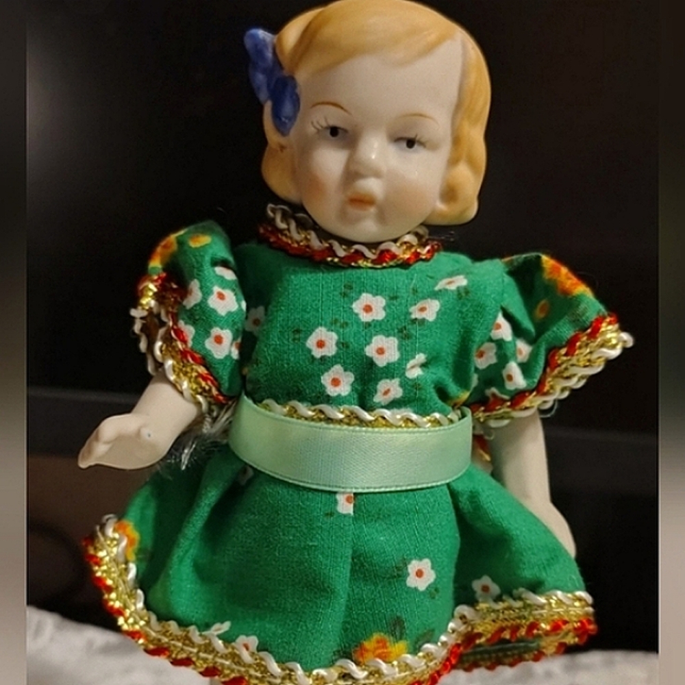 Vintage Bisque Doll Shackman 6" Tall German Green Dress Japan Mcm